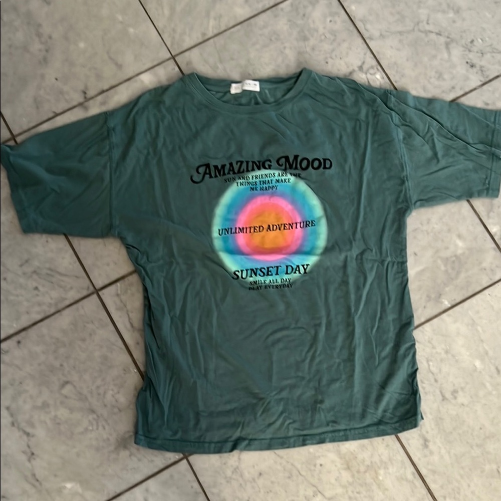 Zara Teal Kids Graphic Tee with Rainbow Sunset Print